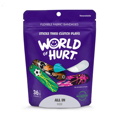 World of Hurt Flexible Fabric Bandages for Active Kids & Teens | All In Mix - 36 ct