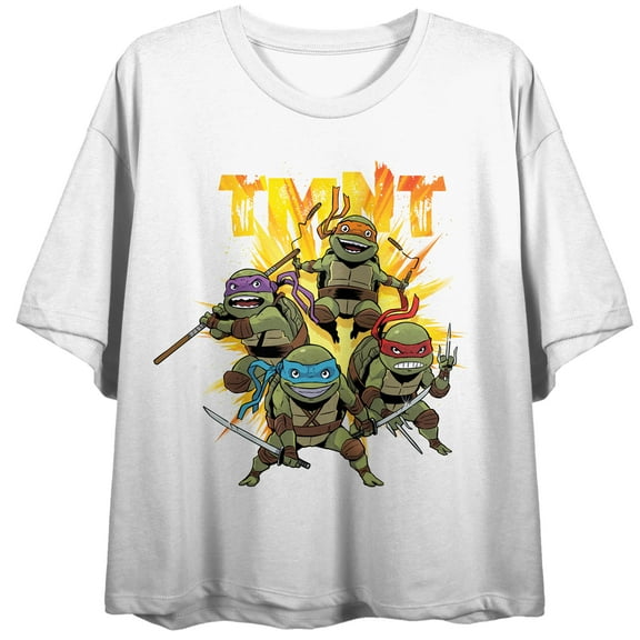 World of TMNT Turtles and Logo Women's White Short Sleeve Crew Neck Crop Tee-XL
