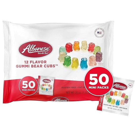 World's Best 12 Flavor Gummi Bear Cubs | 50 - 0.5oz Snack Packs of Candy | Miniature, Individually Wrapped, Soft Gumy |Cherry, Blue Raspberry, and More | Perfect for Kid's Classroom Parties