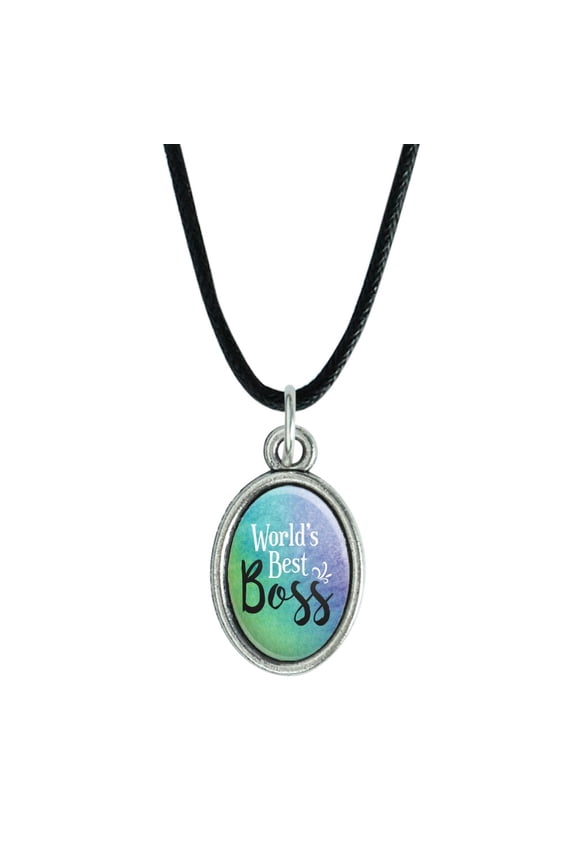 World's Best Boss Antiqued Oval Charm Pendant with Black Satin Cord