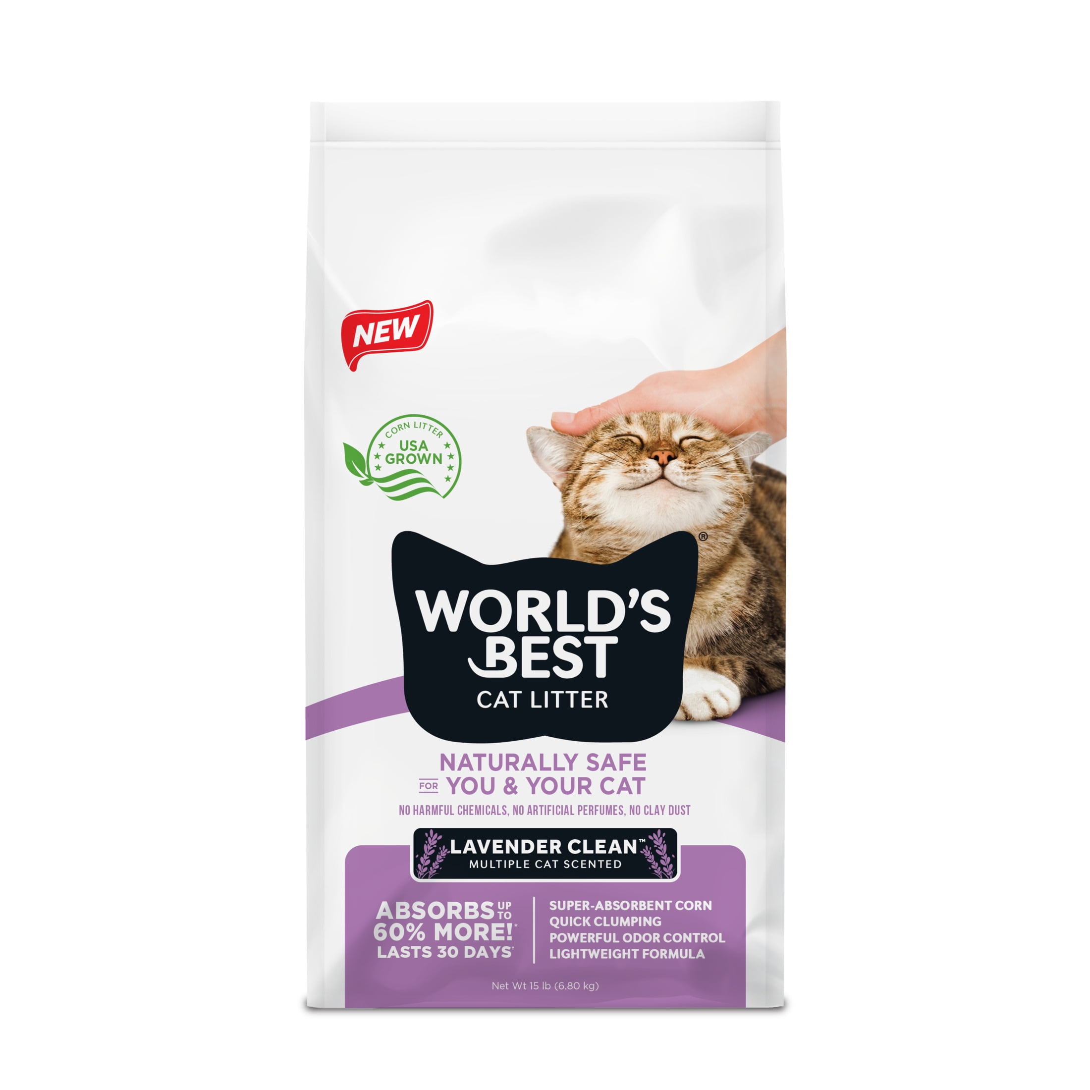 World's Best Cat Litter® Lavender Clean™ Scented, Absorbs 60% More, Made from Corn, Quick Clumping, Flushable, 99% Dust Free, Long-Lasting Odor Control & Easy Scooping, 15 Pound Bag