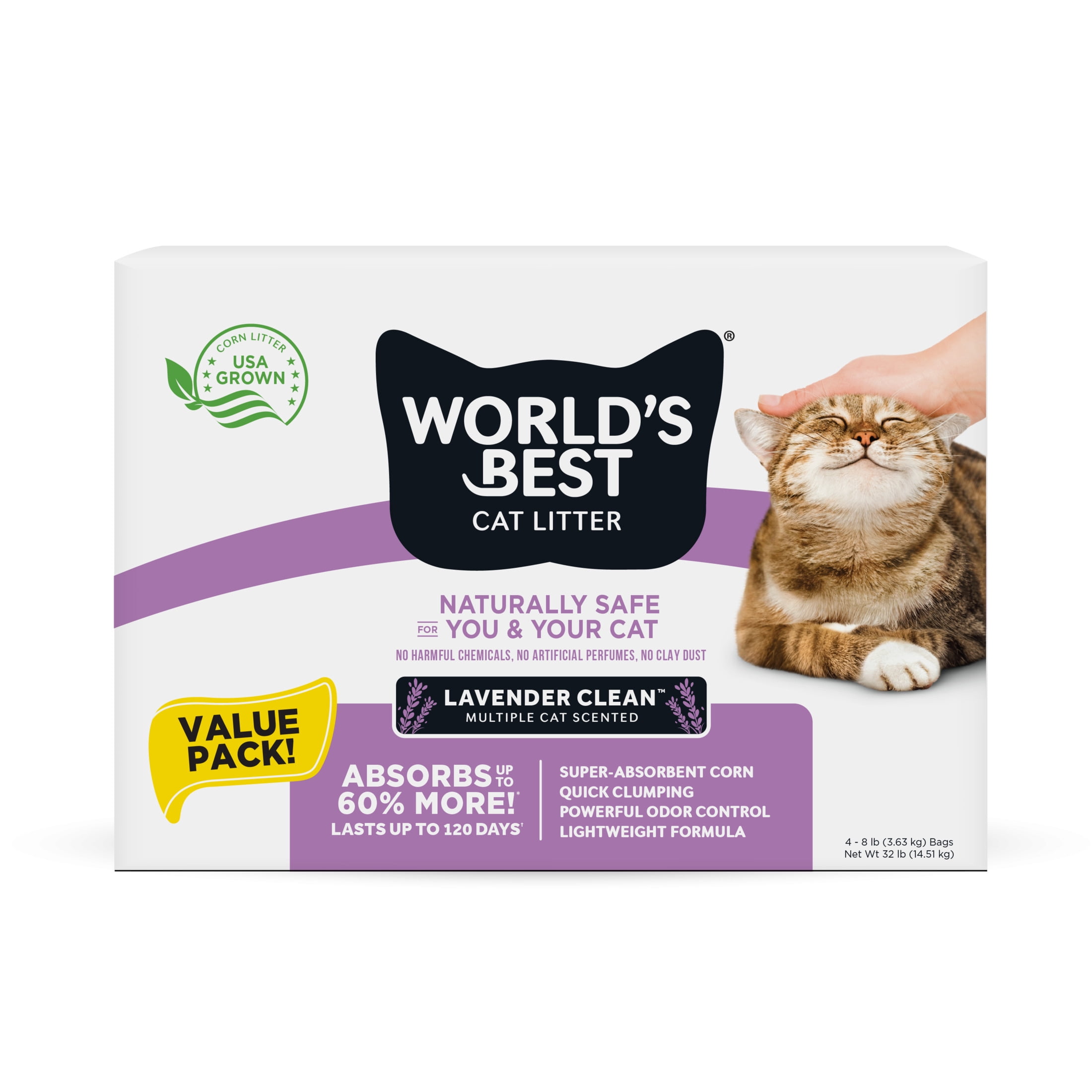 World's Best Cat Litter® Lavender Clean™ Scented, Absorbs 60% More, Made from Corn, Quick Clumping, Flushable, 99% Dust Free, Long-Lasting Odor Control & Easy Scooping, 32 Pound Multi Pack