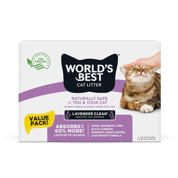 World's Best Cat Litter Lavender Clean Scented, Quick Clumping, Flushable, 32 lb Value Pack