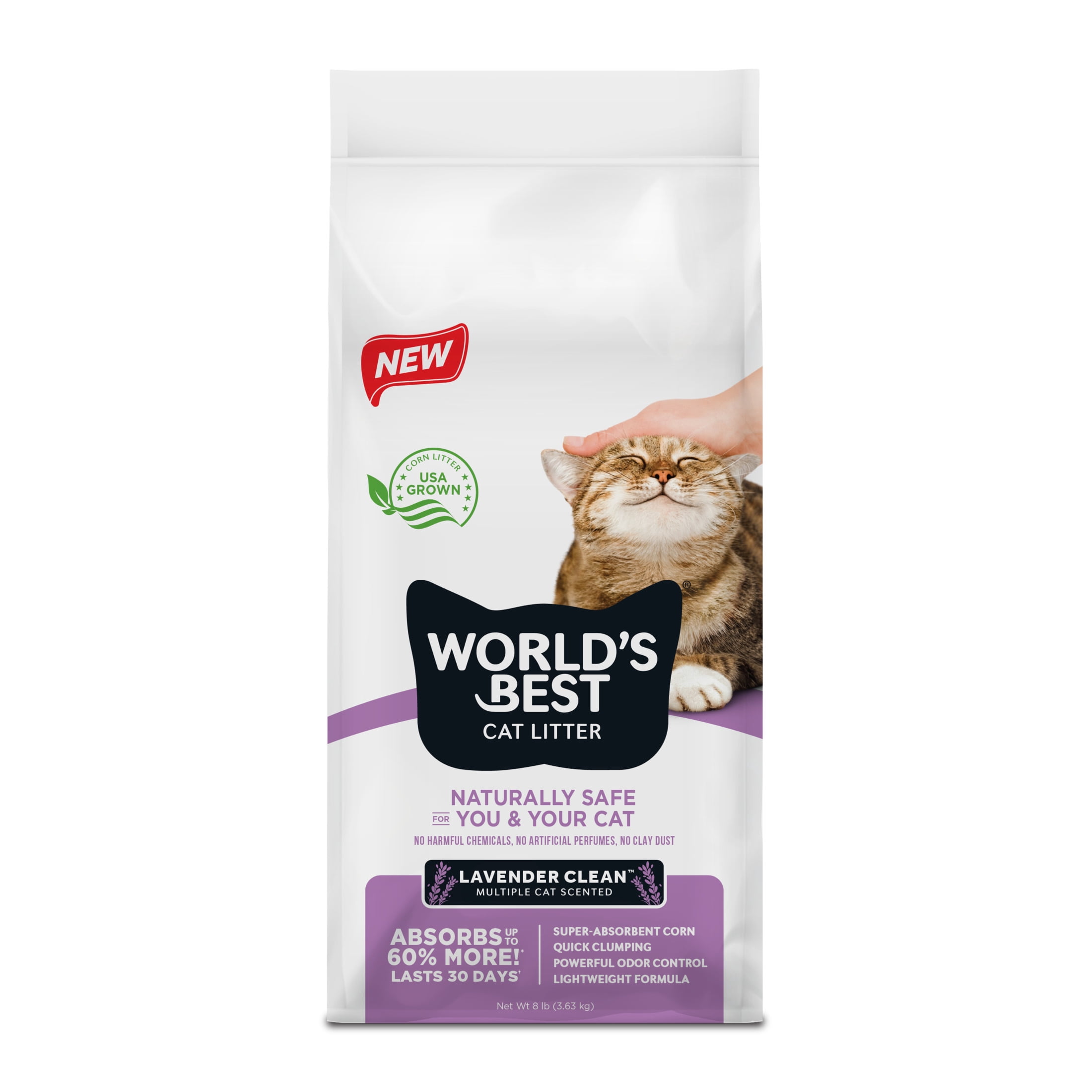 World's Best Cat Litter® Lavender Clean™ Scented, Absorbs 60% More, Made from Corn, Quick Clumping, Flushable, 99% Dust Free, Long-Lasting Odor Control & Easy Scooping, 8 Pound Bag