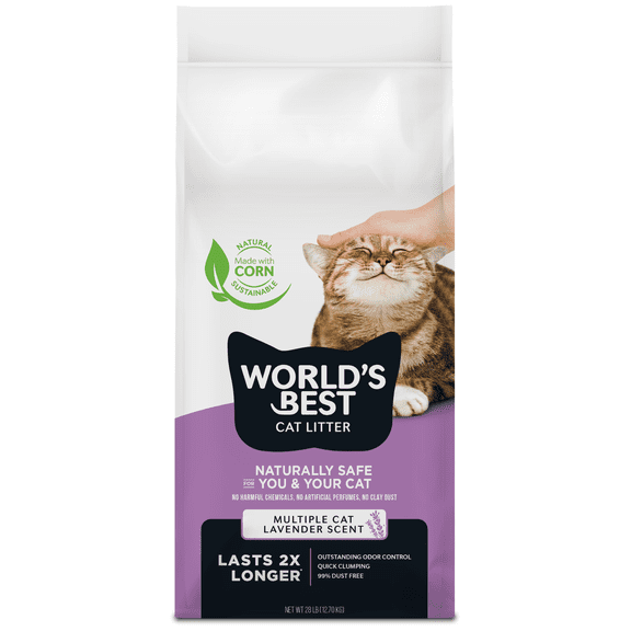 WORLD'S BEST CAT LITTER Multiple Cat Lavender Scented - Long-Lasting Odor Control, Natural Ingredients, Quick Clumping, Flushable, 99% Dust Free - Calming Fragrance - 28 lb Bag
