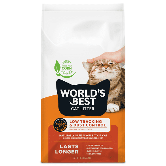 WORLD'S BEST CAT LITTER Low Tracking & Dust Control Multiple Cat Unscented - Natural Ingredients, Quick Clumping, Flushable - Long-Lasting Odor Control & Easy Scooping- 15 lb Bag