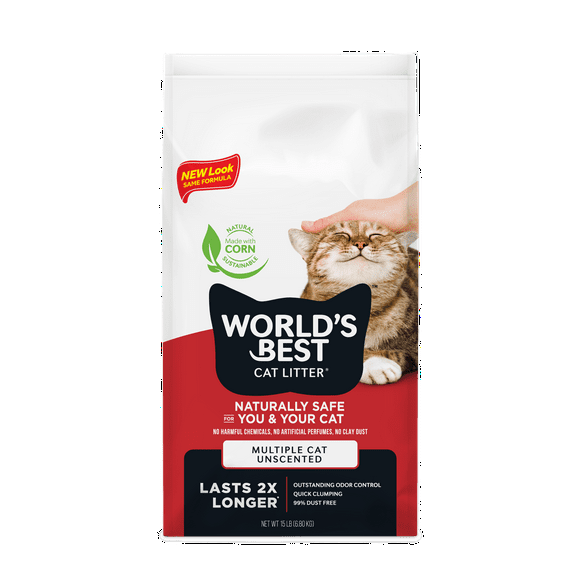 WORLD'S BEST CAT LITTER Multiple Cat Unscented - Natural Ingredients, Quick Clumping, Flushable, 99% Dust Free - Long-Lasting Odor Control & Easy Scooping - 15 lb Bag