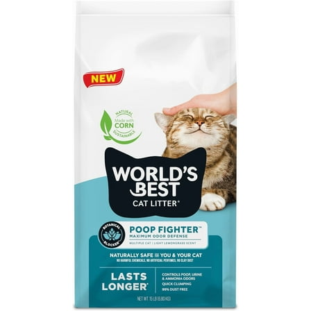WORLD'S BEST CAT LITTER Poop Fighter Maximum Odor Defense - Long-Lasting Odor Control, Natural Ingredients, Quick Clumping, Flushable, 99% Dust Free, Easy Scooping - 15lb Bag