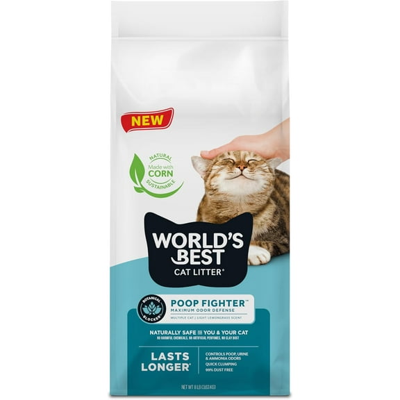 WORLD'S BEST CAT LITTER Poop Fighter Maximum Odor Defense - Long-Lasting Odor Control, Natural Ingredients, Quick Clumping, Flushable, 99% Dust Free, Easy Scooping- 8 lb Bag