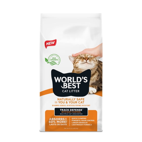 World's Best Cat Litter® Track Defense™ Unscented, Low Tracking, Dust Control, Made from Corn, Quick Clumping, Flushable, 99% Dust Free, Long-Lasting Odor Control & Easy Scooping, 15 Pound Bag