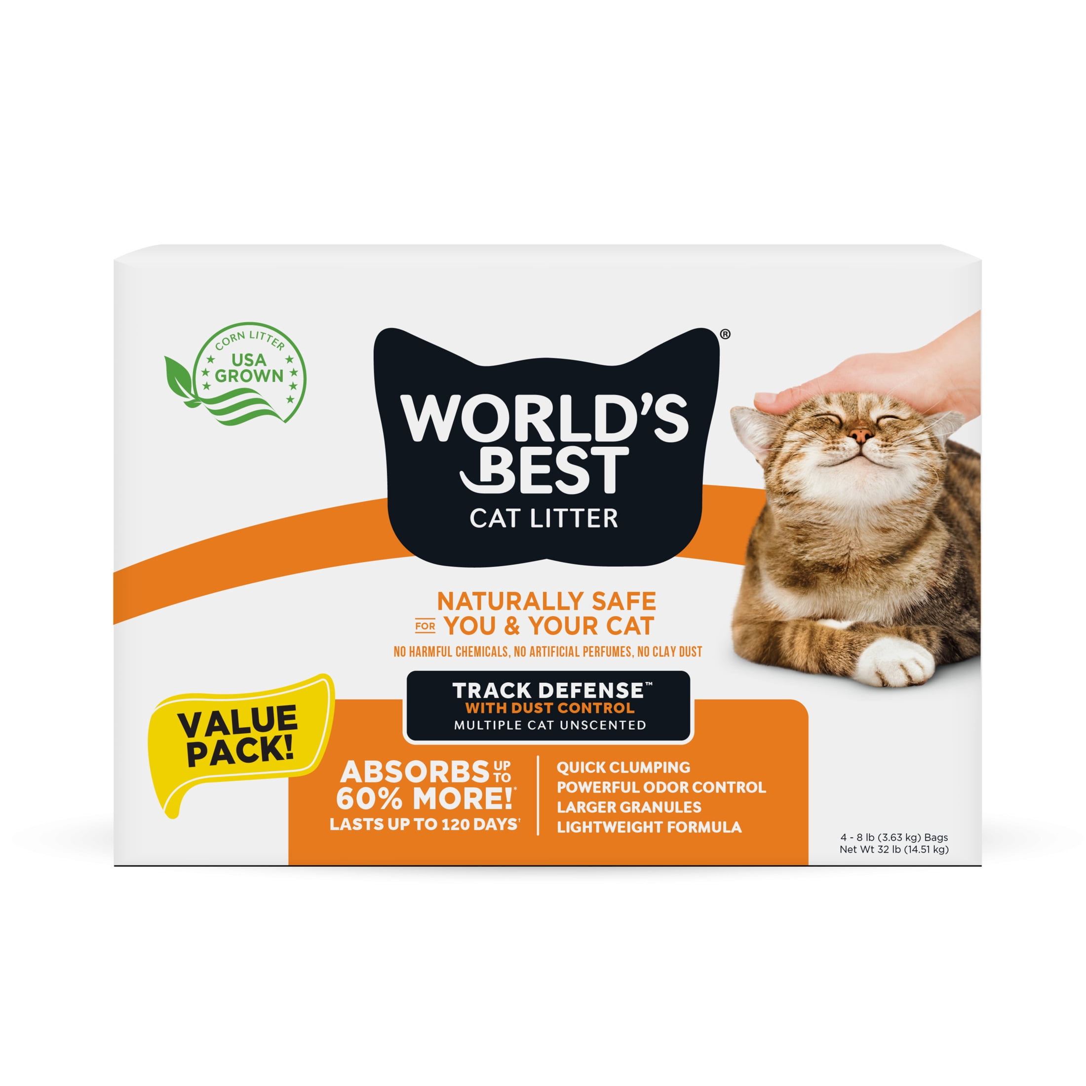 World's Best Cat Litter® Track Defense™ Unscented, Low Tracking, Dust Control, Made from Corn, Quick Clumping, Flushable, 99% Dust Free, Long-Lasting Odor Control & Easy Scooping, 32 Pound Multi Pack