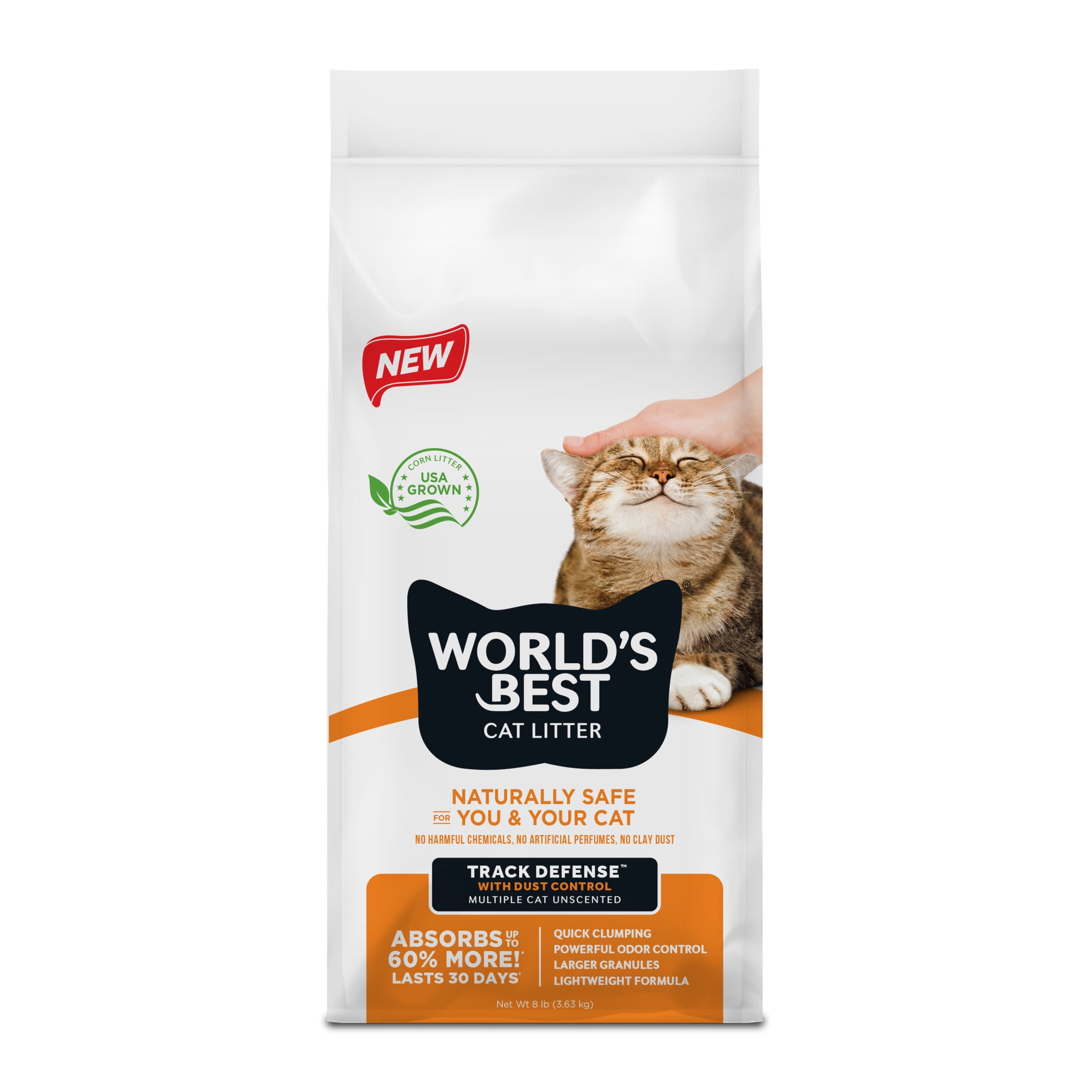 World's Best Cat Litter® Track Defense™ Unscented, Low Tracking, Dust Control, Made from Corn, Quick Clumping, Flushable, 99% Dust Free, Long-Lasting Odor Control & Easy Scooping, 8 Pound Bag