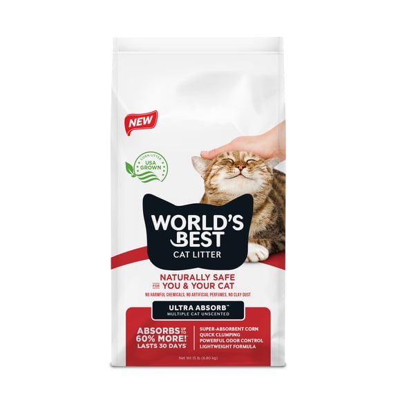 World’s Best Cat Litter® Ultra Absorb™ Unscented, Made from Corn, Quick Clumping, Flushable, 99% Dust Free, Long-Lasting Odor Control & Easy Scooping, 15 Pound Bag