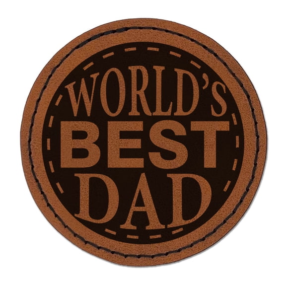 World's Best Dad Globe Father's Day Round Iron-On Engraved Faux Leather Patch Applique - 2.5 Inch - Brown