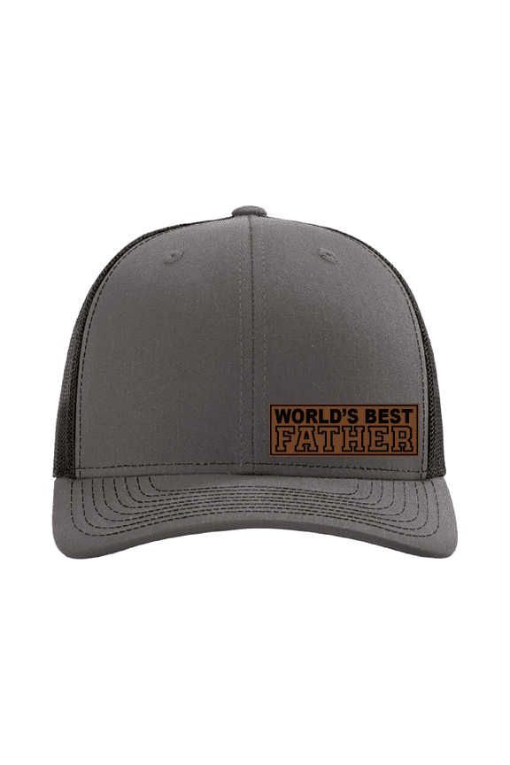 World's Best Father Hat, Leather Patch Trucker Cap, Custom Personalized Father Gift, Best Dad Ever Hat, Custom Cap for Him (Charcoal Black)