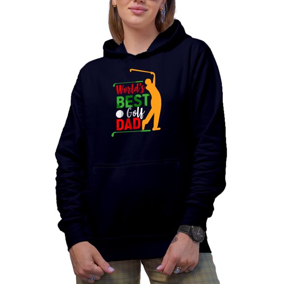 World's Best Golf Dad with a Ball & Swinging Golf Player, Golfing or Golfer Themed Merch Gift, Navy Blue Hooded Sweatshirt or Hoodie, Medium