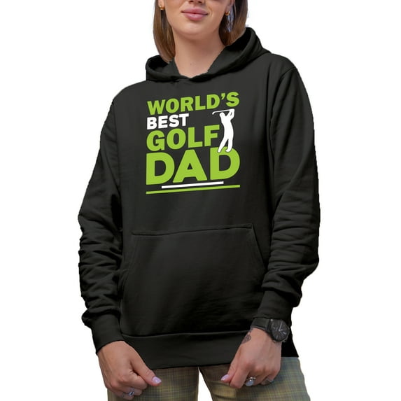 World's Best Golf Dad with a Swinging Man or Father Golf Player, Golfing or Golfer Themed Merch Gift, Black Hooded Sweatshirt or Hoodie, Medium