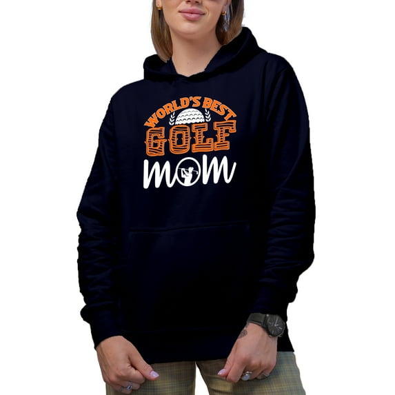 World's Best Golf Mom with a Ball & Swinging Golf Player, Golfing or Golfer Themed Merch Gift, Navy Blue Hooded Sweatshirt or Hoodie, Large