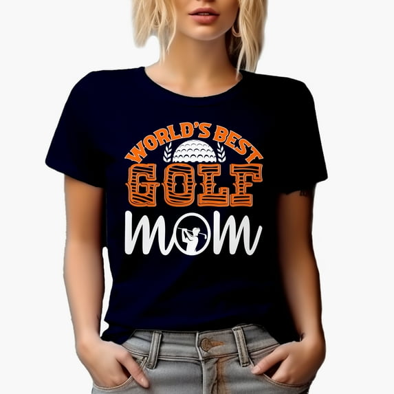 World's Best Golf Mom with a Ball & Swinging Golf Player, Golfing or Golfer Themed Merch Gift, Navy Blue T-Shirt, Large