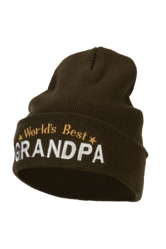 World's Best Grandpa Embroidered Long Beanie - Olive OSFM