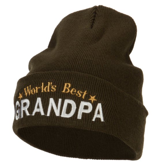 World's Best Grandpa Embroidered Long Beanie - Olive OSFM