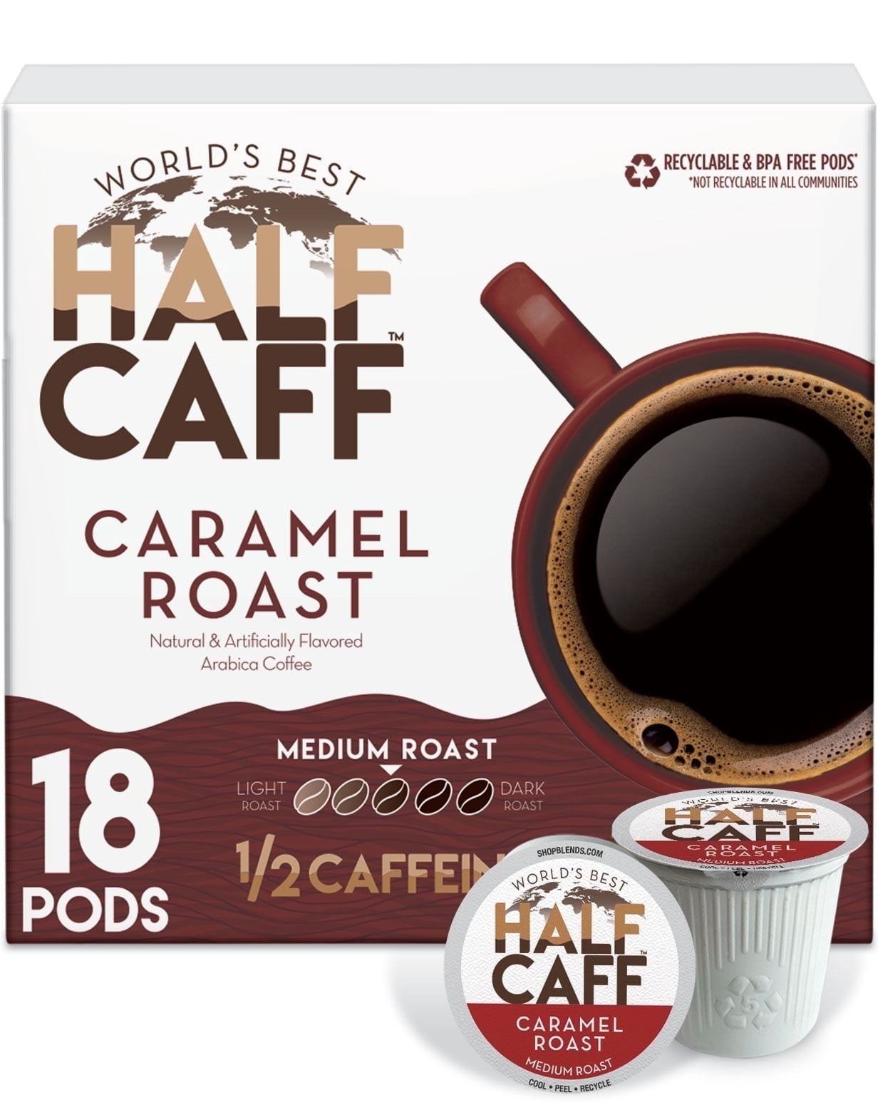 World's Best Half Caff Caramel Coffee Pods, Compatible w/ K-Cup Brewers,  18ct