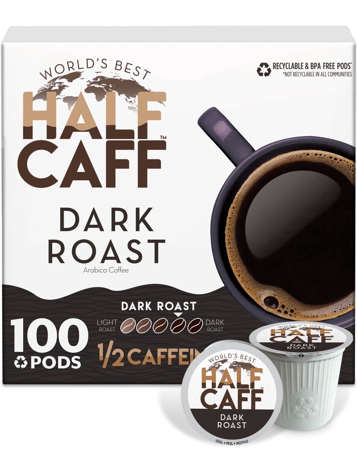World's Best Half Caff Dark Roast Coffee Pods, Compatible w/ K-Cup Brewers, 100ct
