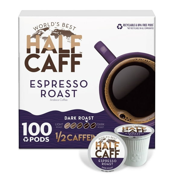 World's Best Half Caff Espresso Roast Coffee Pods, Compatible w/ K-Cup Brewers, 100ct