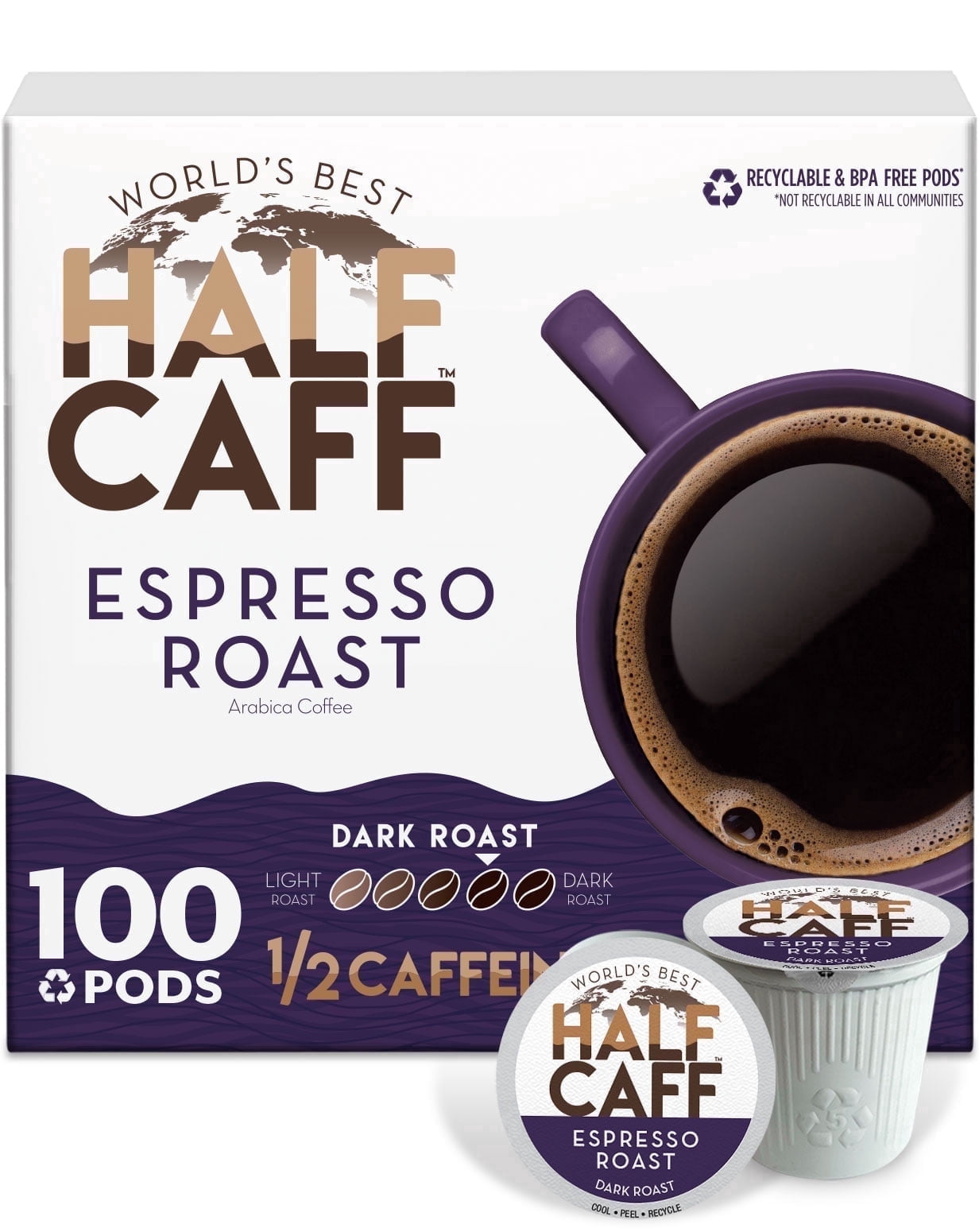 World's Best Half Caff Espresso Roast Coffee Pods, Compatible w/ K-Cup Brewers, 100ct