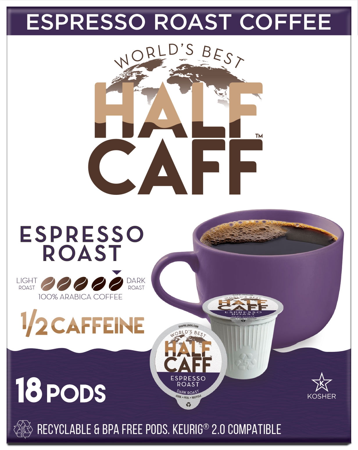 World s Best Half Caff Espresso 18 Ct. Dark Roast 100 Arabica Solar Produced Recyclable KCup Compatible Walmart