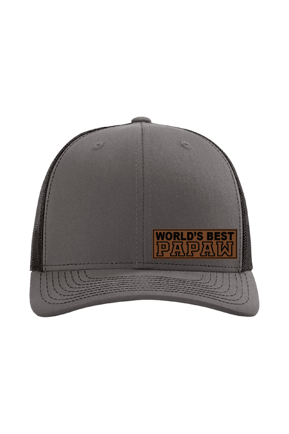 World's Best Papaw Hat, Leather Patch Trucker Cap, Custom Personalized Grandpa Gift, Best Grandpa Ever Hat, Custom Cap for Him (Charcoal Black)