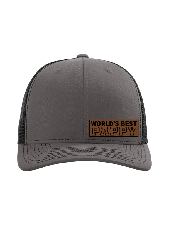 World's Best Pappy Hat, Leather Patch Trucker Cap, Custom Personalized Pappy Gift, Best Grandpa Hat, Custom Cap for Him (Charcoal Black)