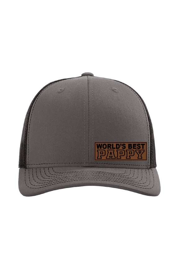 World's Best Pappy Hat, Leather Patch Trucker Cap, Custom Personalized Pappy Gift, Best Grandpa Hat, Custom Cap for Him (Charcoal Black)