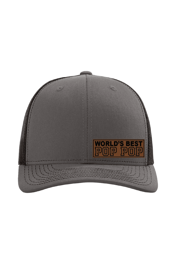 World's Best Pop Pop Hat, Leather Patch Trucker Cap, Custom Personalized Pop Pop Gift, Best Grandpa Hat, Custom Cap for Him (Charcoal Black)