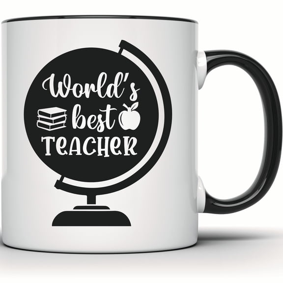 World's Best Teacher Mug - Teacher Appreciation Gift - Globe, Apple, Book Design - Best Teacher Mug - Ideal Gift for Educators - 11 Ounce Black Rim Handle Novelty Coffee Cup - WMUG1496-BLK
