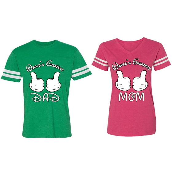 World's Greatest Dad Mom Matching Couple Cotton Jerseys (Men Green / Women Pink) (Men XL / Women XXL)