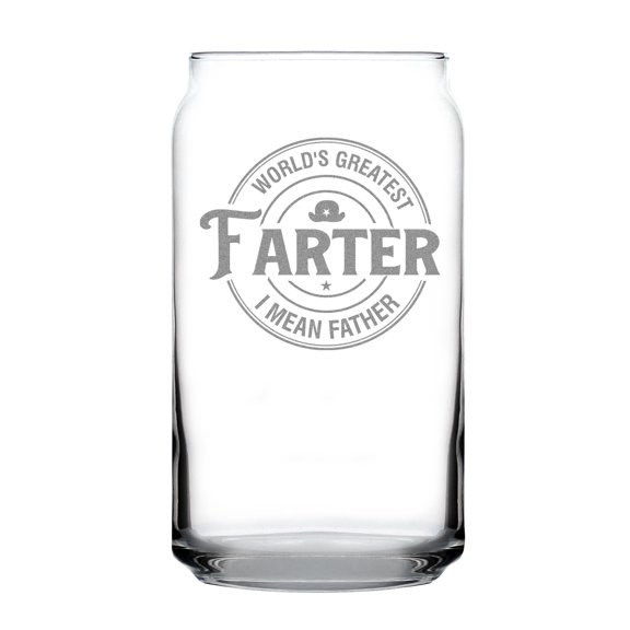 World's Greatest Farter I Mean Father Can Shaped Pint Glass, Hand Engraved 16oz, Funny Dad Gift, Father's Day Present, Unique Glass