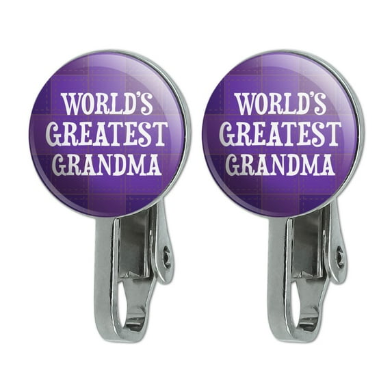 World's Greatest Grandma Grandmother Purple Novelty Clip-On Stud Earrings