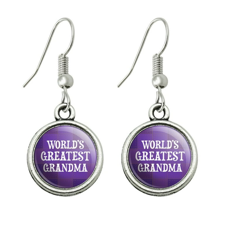 World s Greatest Grandma Grandmother Purple Novelty Dangling Drop Charm Earrings