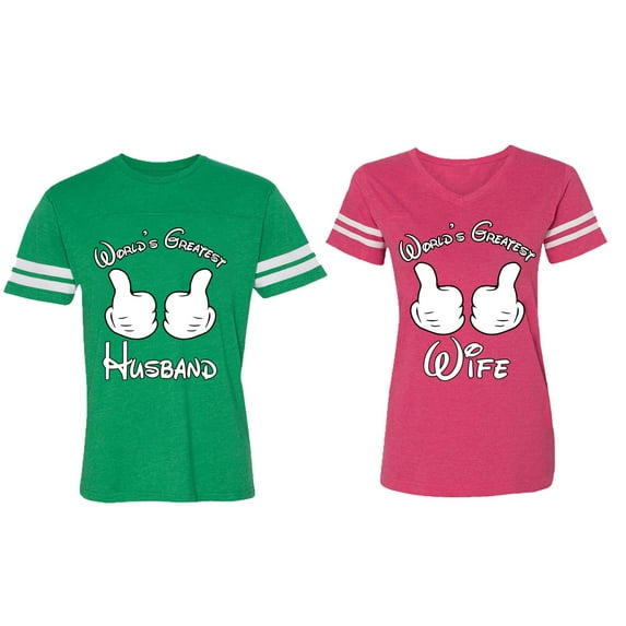 World's Greatest Husband Wife Matching Couple Cotton Jerseys (Men Green / Women Pink) (Men XL / Women M)