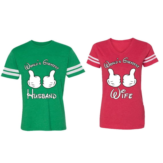 World's Greatest Husband Wife Matching Couple Cotton Jerseys (Men Green / Women Red) (Men XXL / Women L)