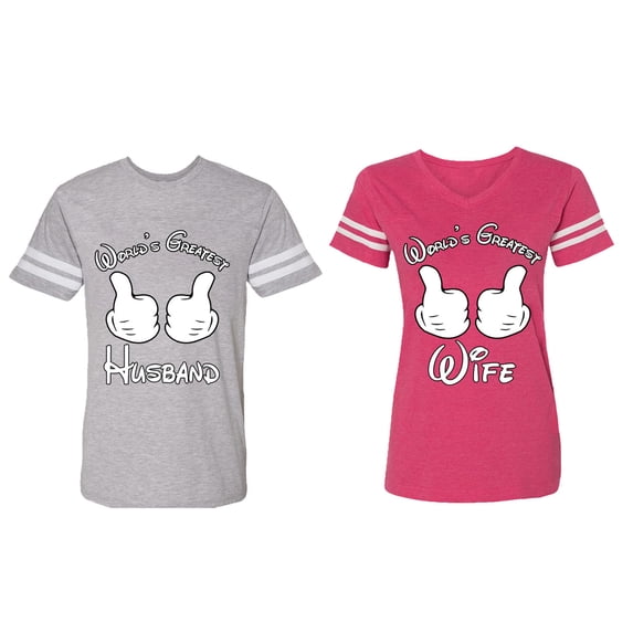 World's Greatest Husband Wife Matching Couple Cotton Jerseys (Men Heather / Women Pink) (Men XXL / Women L)