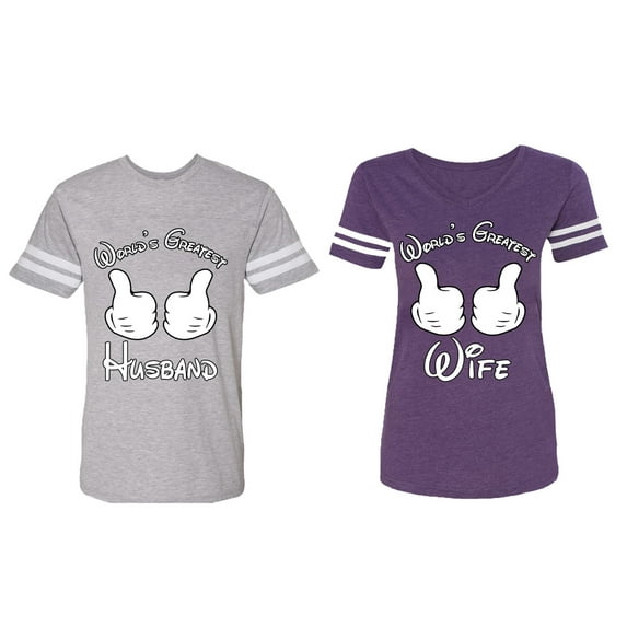 World's Greatest Husband Wife Matching Couple Cotton Jerseys (Men Heather / Women Purple) (Men S / Women XXL)