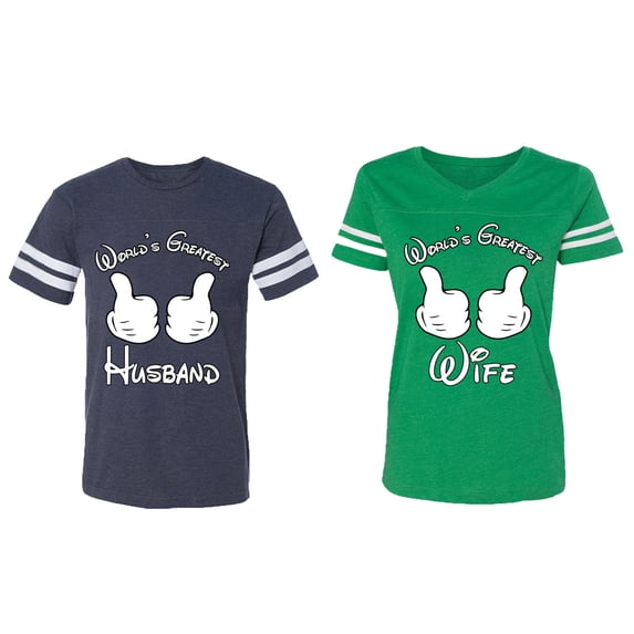 World's Greatest Husband Wife Matching Couple Cotton Jerseys (Men Navy / Women Green) (Men S / Women L)