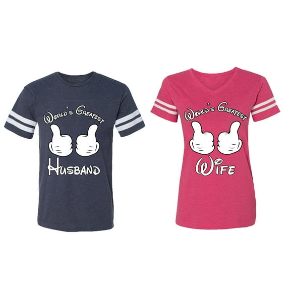 World's Greatest Husband Wife Matching Couple Cotton Jerseys (Men Navy / Women Pink) (Men L / Women M)