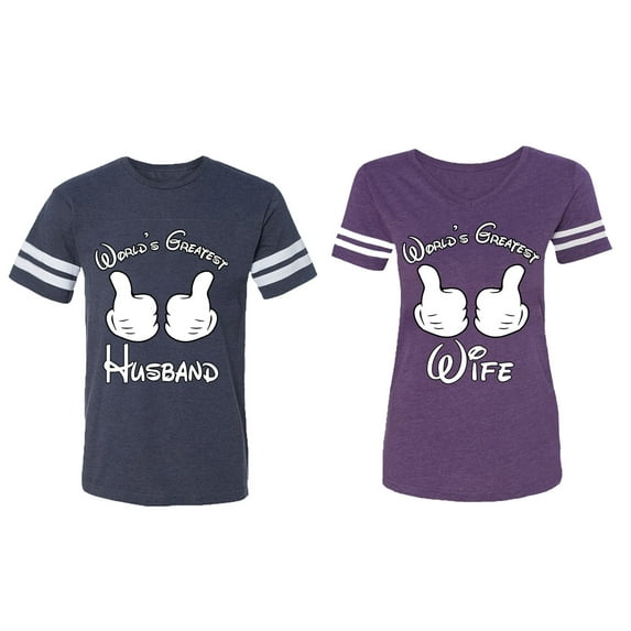 World's Greatest Husband Wife Matching Couple Cotton Jerseys (Men Navy / Women Purple) (Men M / Women S)
