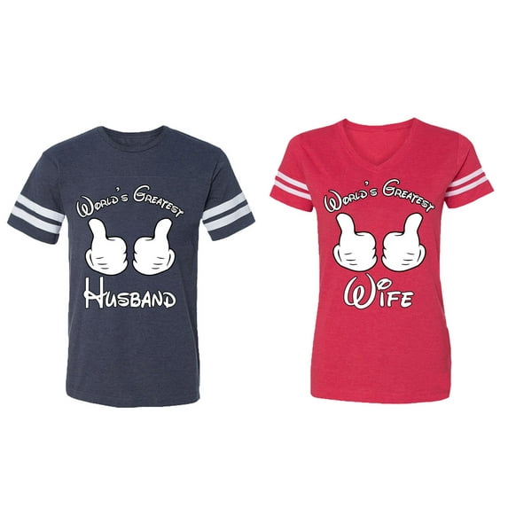 World's Greatest Husband Wife Matching Couple Cotton Jerseys (Men Navy / Women Red) (Men L / Women XXL)