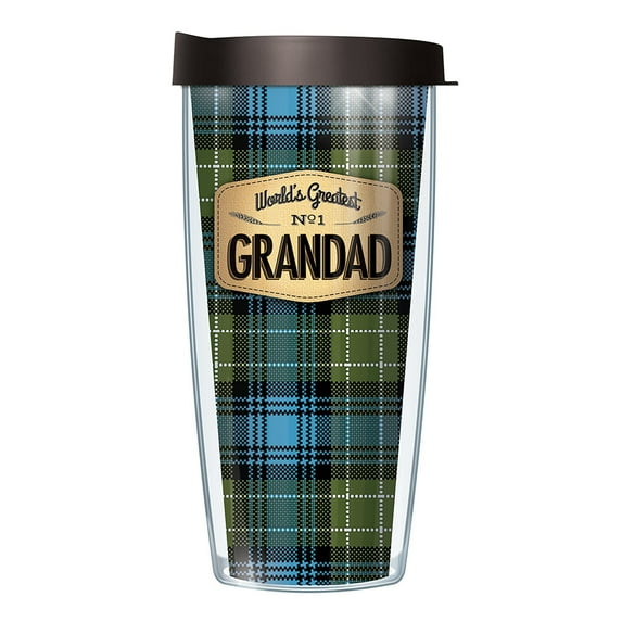 Signature Tumblers World's Greatest No. 1 Grandad Wrap on Blue Flannel 22 Ounce Double-Walled Travel Tumbler Mug with Black Easy Sip Lid