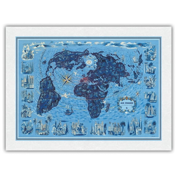 The World’s Largest Network (Le Plus Grand Réseau du Monde) - France - Vintage Airline Travel Poster by Lucien Boucher c.1964 - Japanese Unryu Rice Paper Art Print 24 x 32 in
