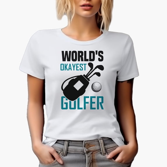 World's Okayest Golfer with a Club Set in a Bag & Ball, Golf Player, Golfing or Golfer Themed Merch Gift, White T-Shirt, XL